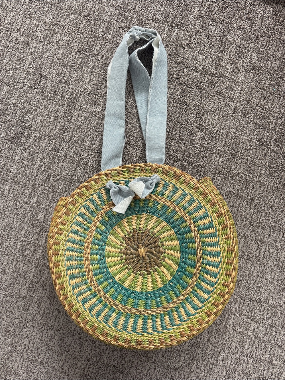 Nena & co Handwoven Round Straw Shoulder Bag in Green and Tan